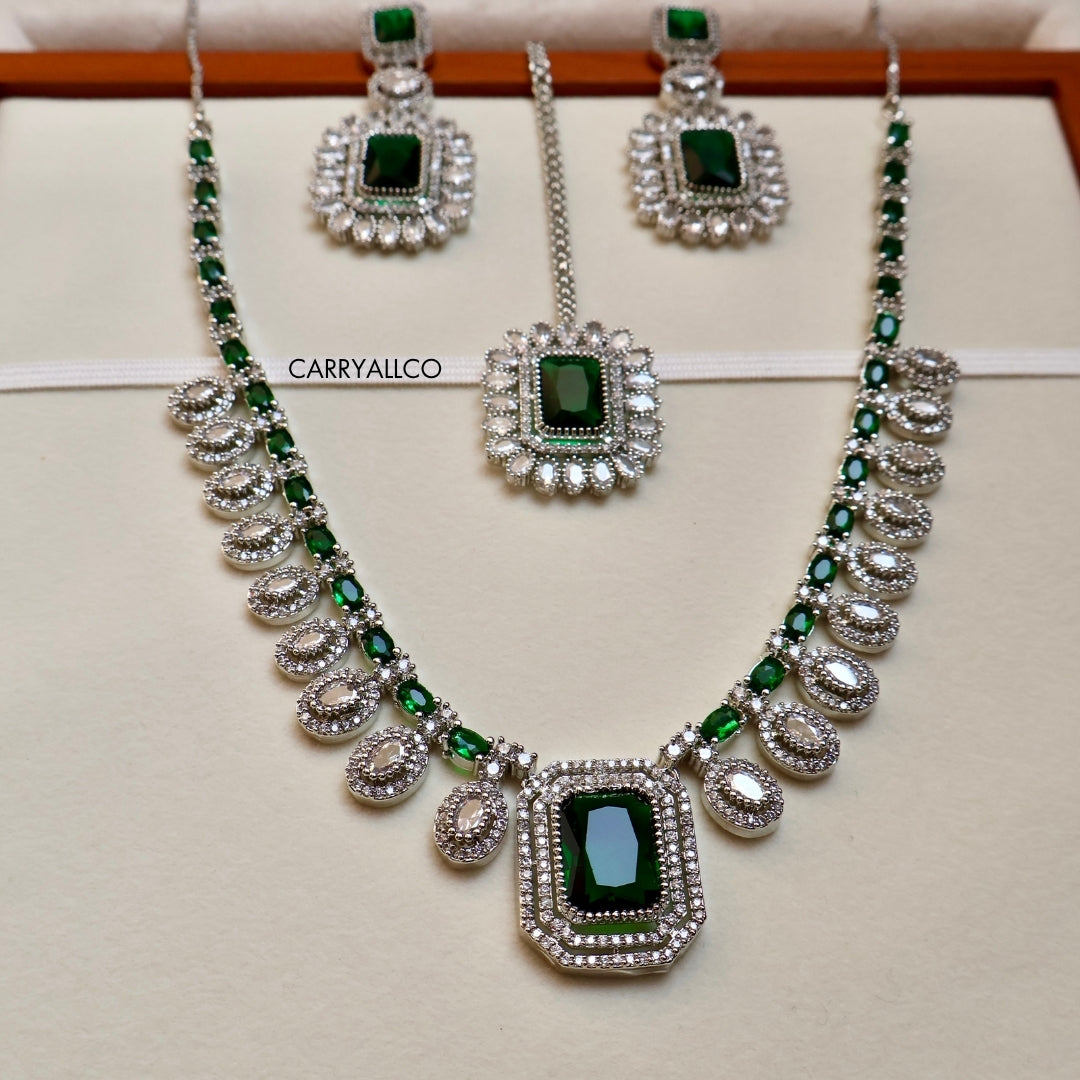 Emerald Square Royal Necklace Set – Complete Bridal Set View | American Diamond Jewellery | Carryallco India