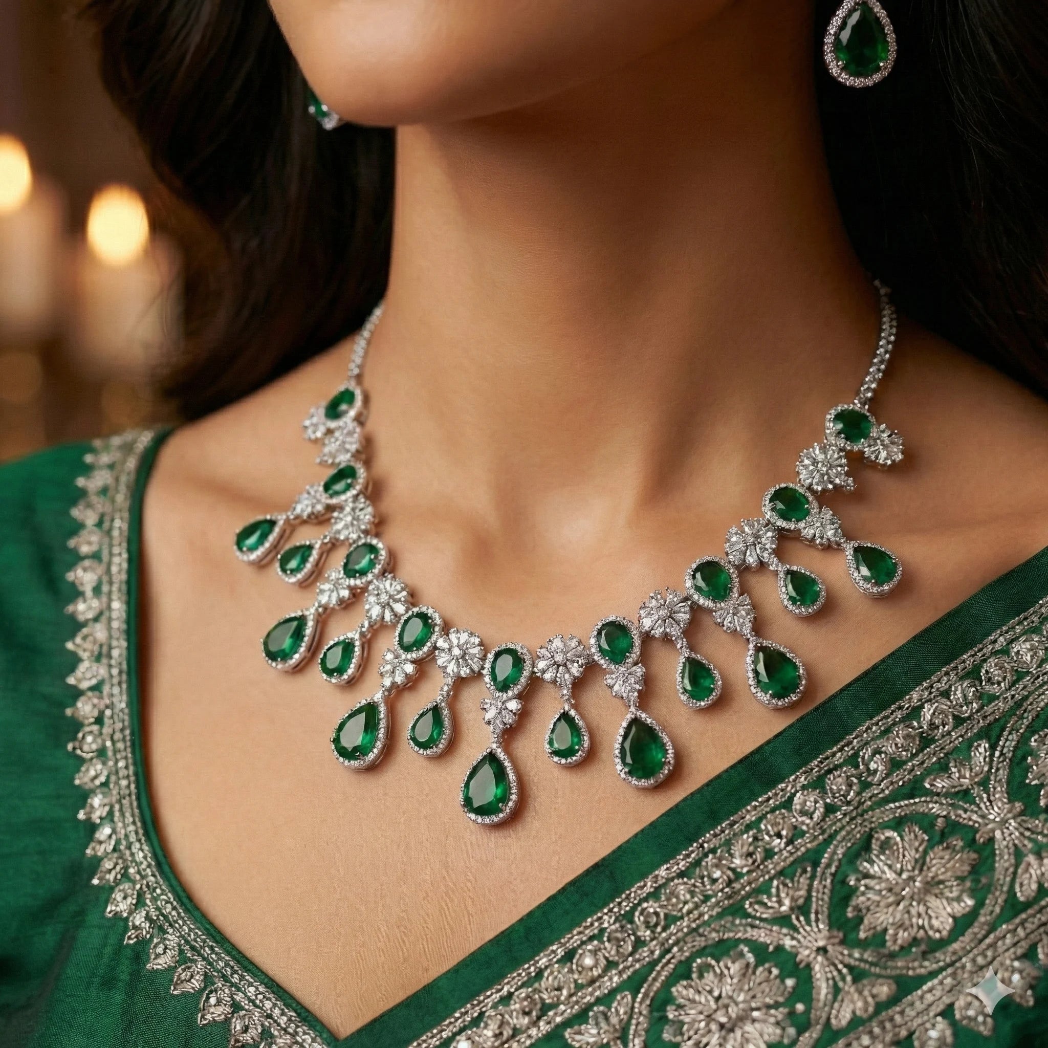Woman wearing a green and silver necklace with emerald stones and matching earrings.