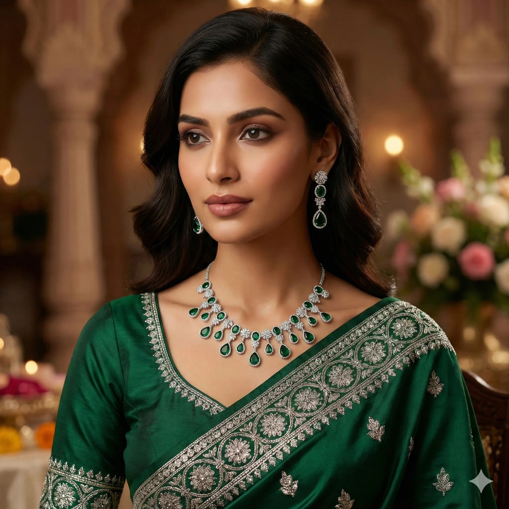 Woman wearing a green saree with silver and gemstone jewelry in a decorated indoor setting.