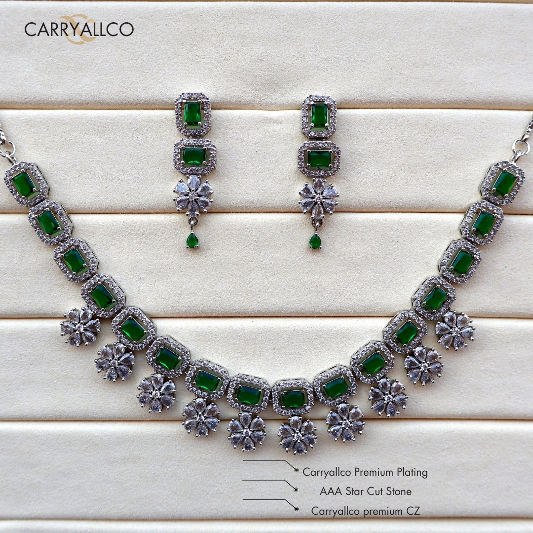 Carryallco Green Emerald & American Diamond Floral Cascade Necklace