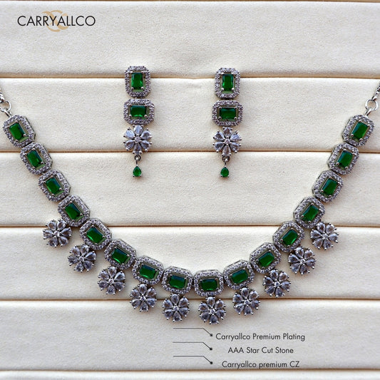 Carryallco Green Emerald & American Diamond Floral Cascade Necklace