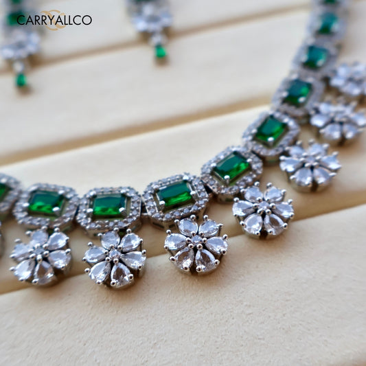 Carryallco Green Emerald & American Diamond Floral Cascade Necklace