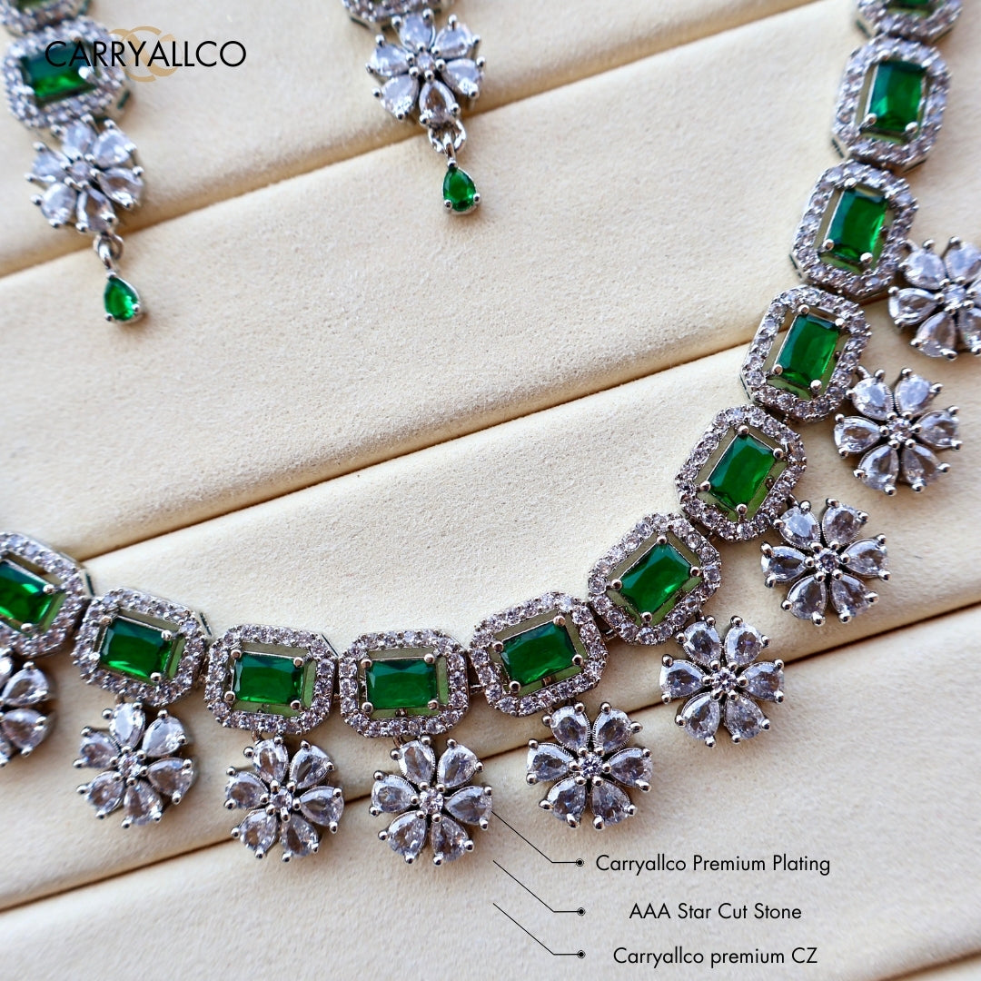 Carryallco Green Emerald & American Diamond Floral Cascade Necklace