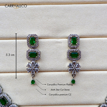 Carryallco Green Emerald & American Diamond Floral Cascade Necklace