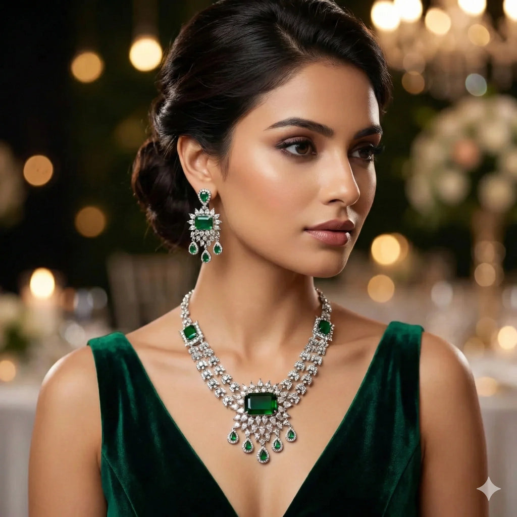 Woman wearing emerald and diamond jewelry in a festive setting
