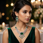 Woman wearing emerald and diamond jewelry in a festive setting