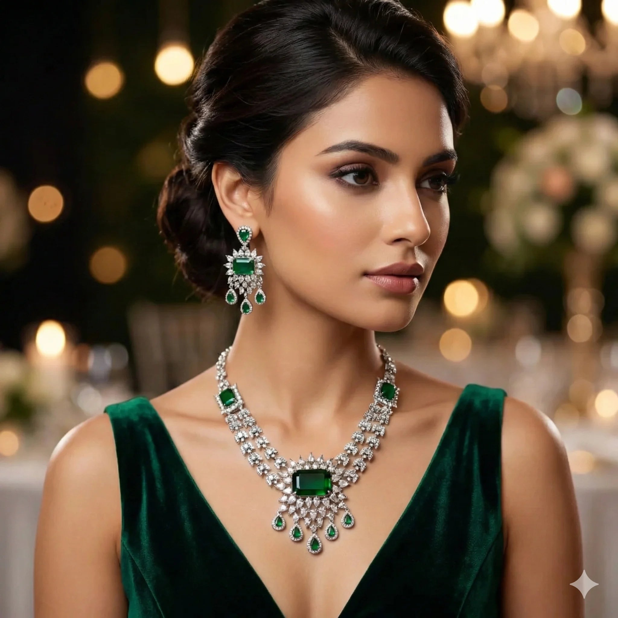 Woman wearing emerald and diamond jewelry in a festive setting