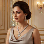 Woman wearing a diamond necklace and earrings in an elegant room.