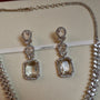 Pair of silver earrings with clear gemstones on a beige background with 'CARRYALLCO' branding.
