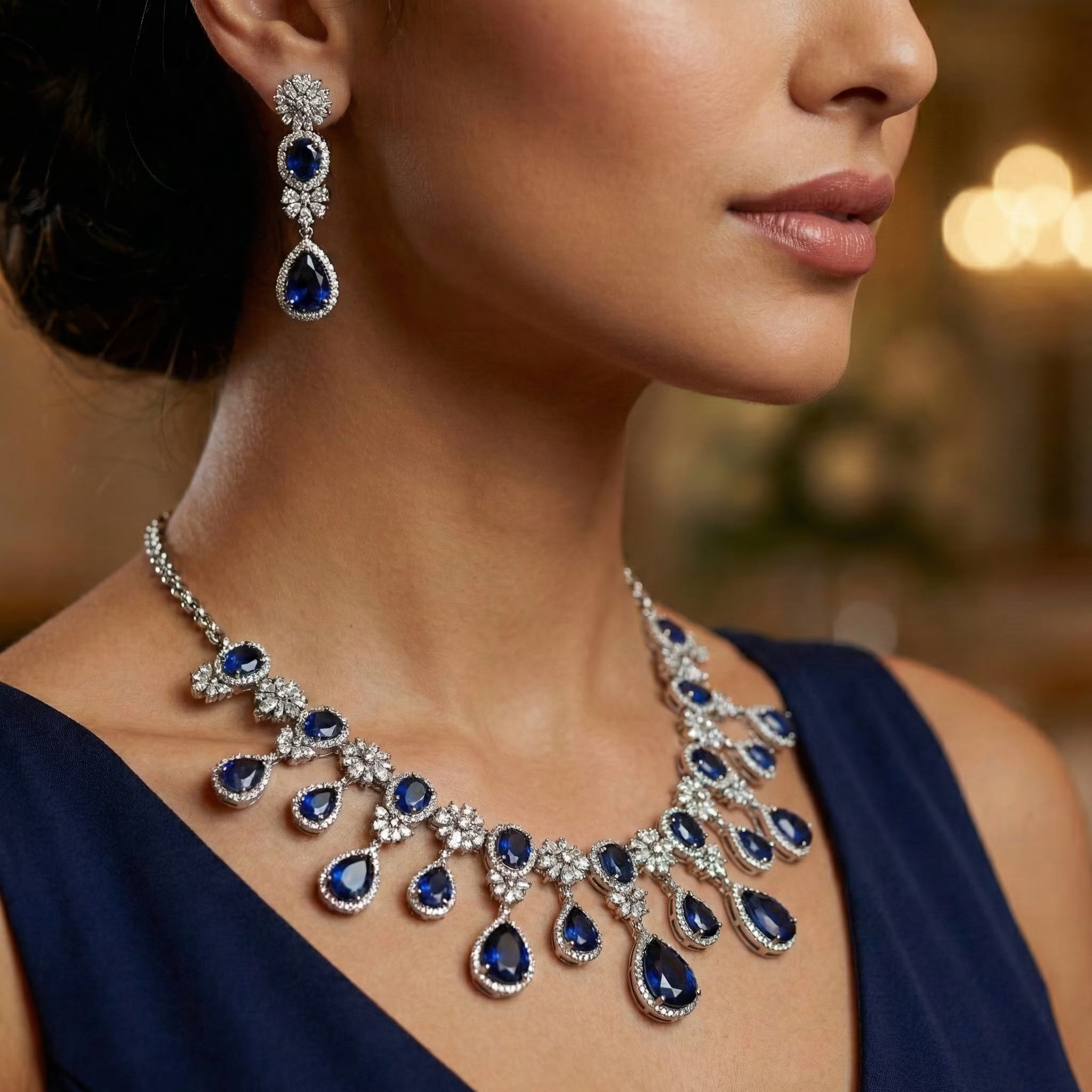 Close-up of a woman wearing a blue and silver jewelry set with a blurred background