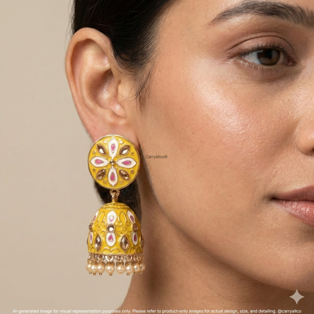 Yellow Meenakari Reverse AD Jhumka Earrings | CARRYALLCO
