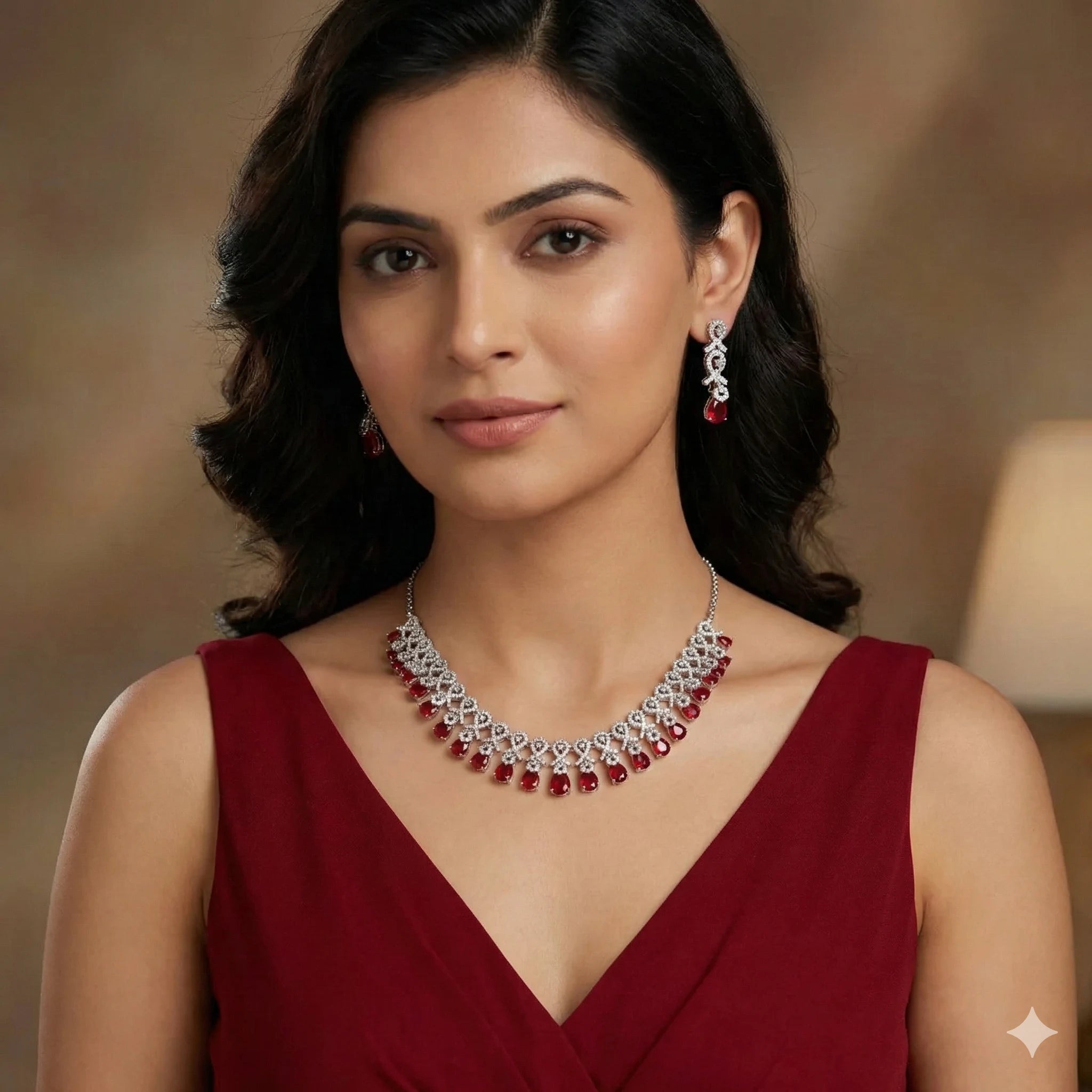 Woman wearing a red dress and silver necklace with red stones against a neutral background