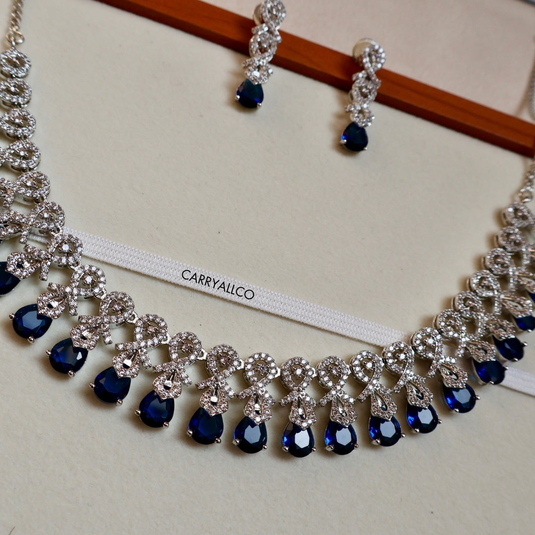 Sapphire Glow American Diamond Necklace Set – Side View | American Diamond Jewellery | Carryallco India