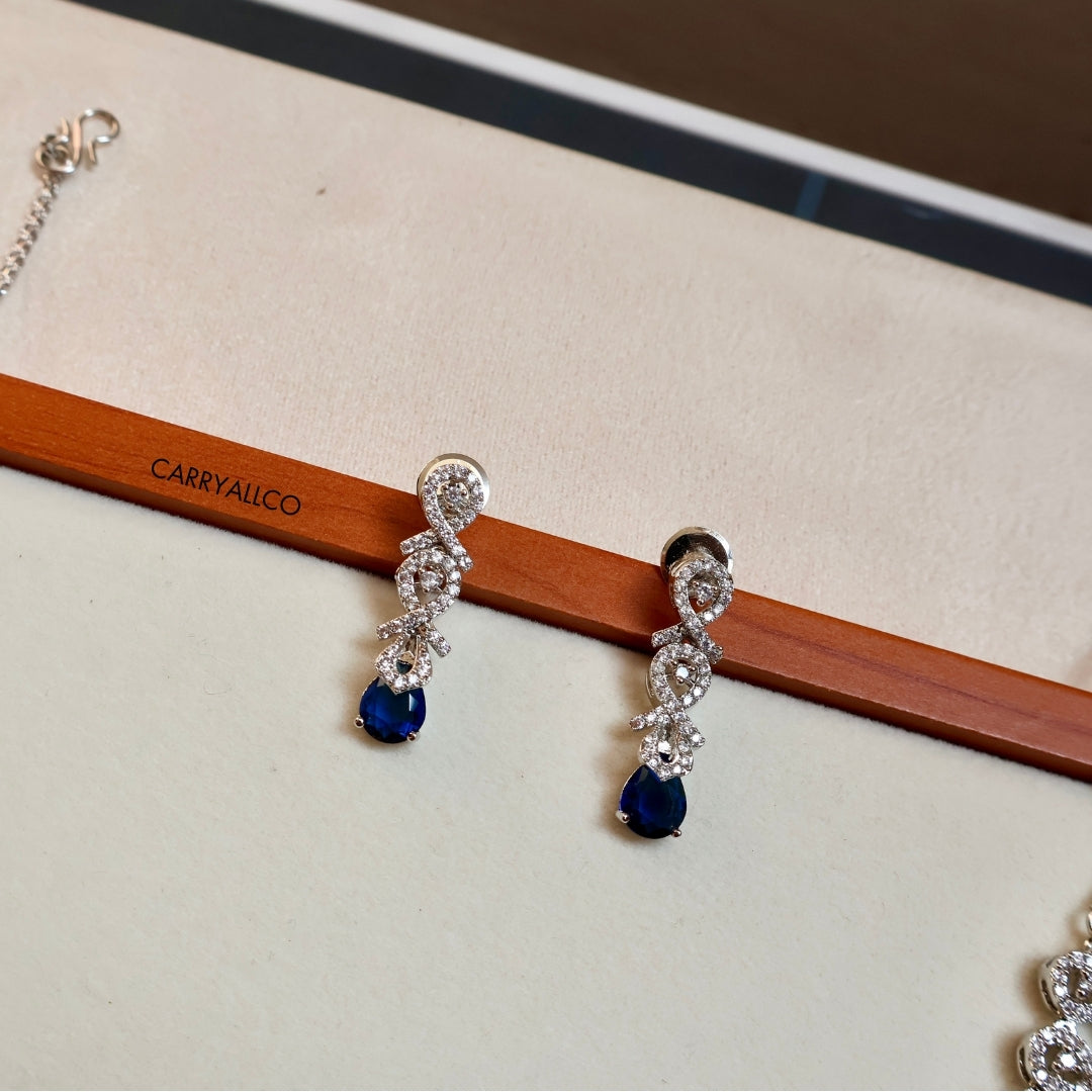 Sapphire Glow American Diamond Necklace Set – Earrings Detail | American Diamond Jewellery | Carryallco India