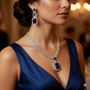 Woman wearing a blue dress with a necklace and earrings in an elegant setting