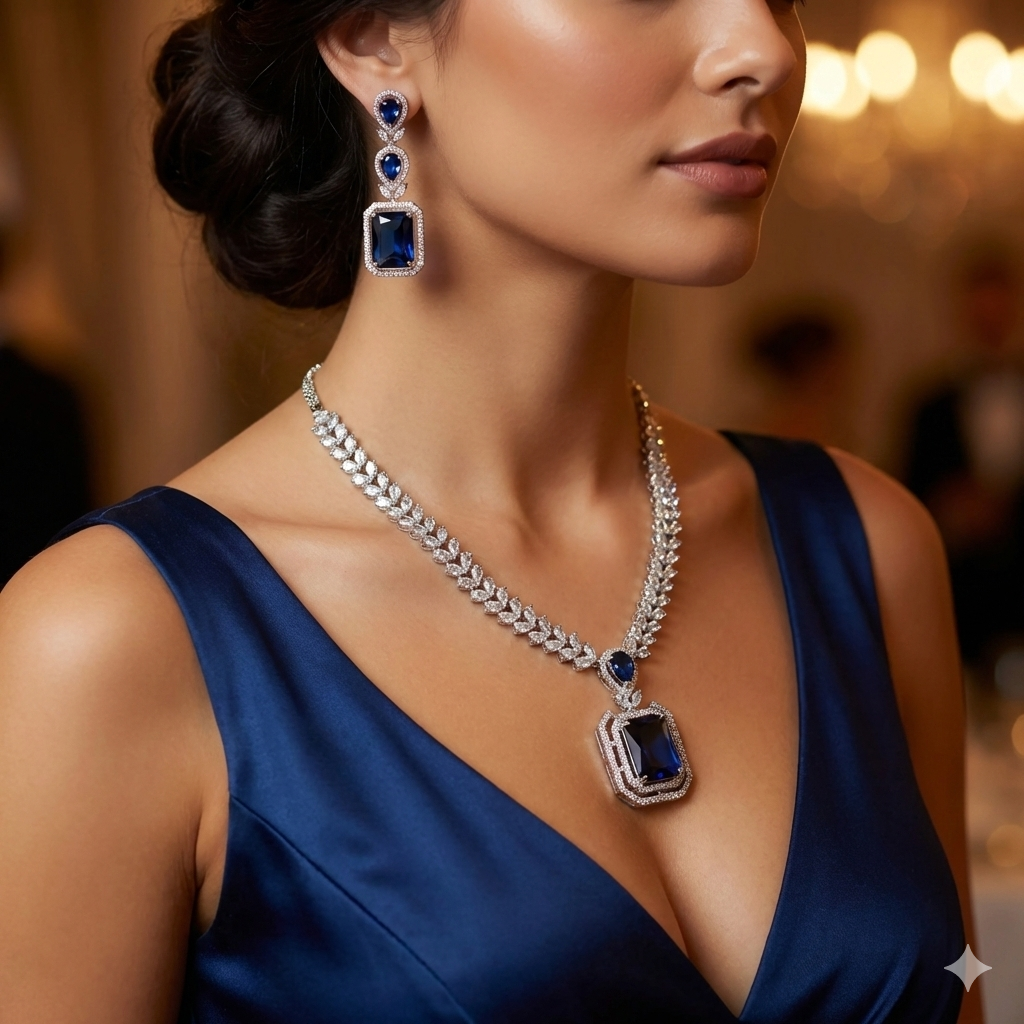 Woman wearing a blue dress with a necklace and earrings in an elegant setting