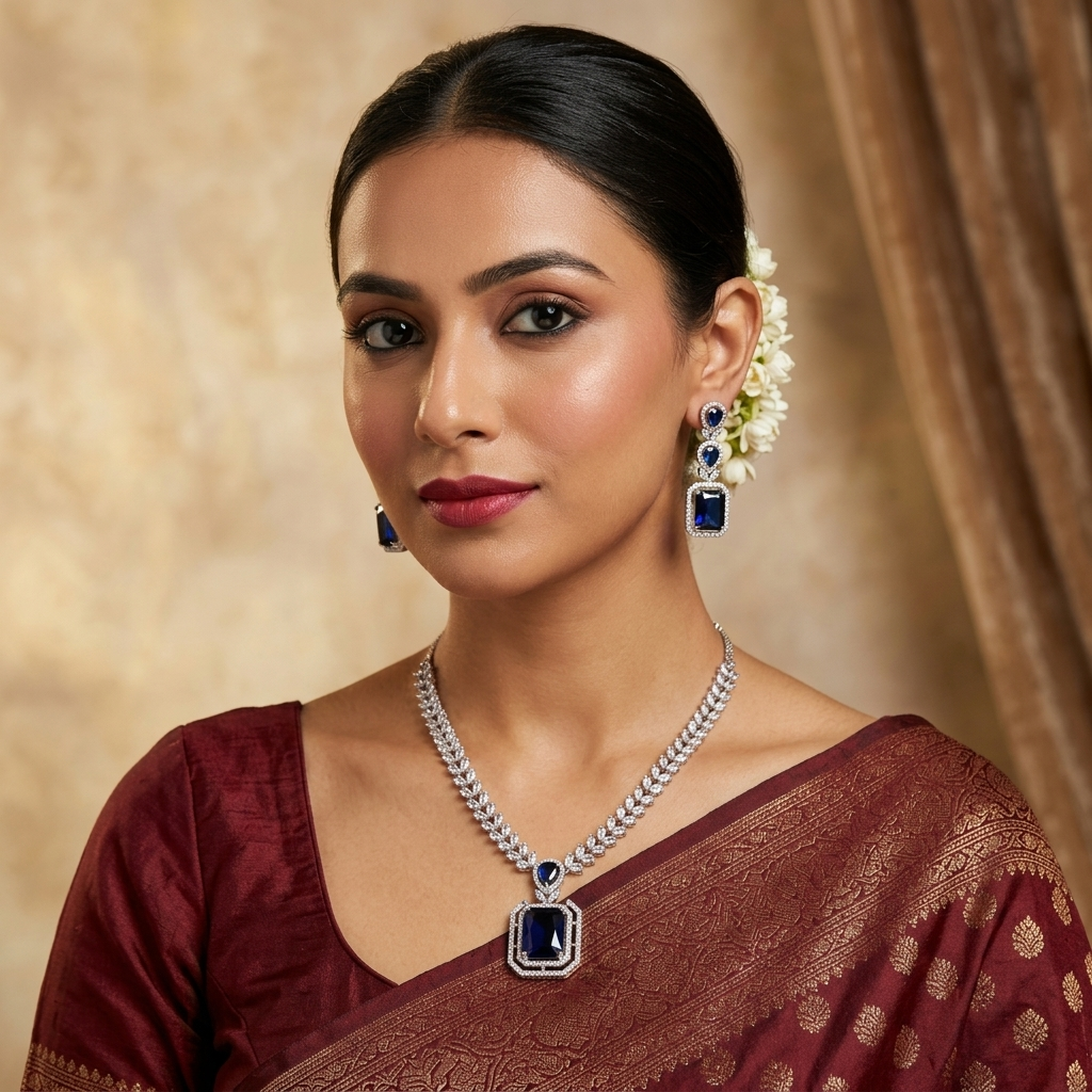 Carryallco Sapphire Square American Diamond Luxe Necklace Set