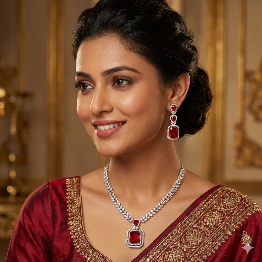 Woman wearing a red saree with jewelry, including a necklace and earrings.