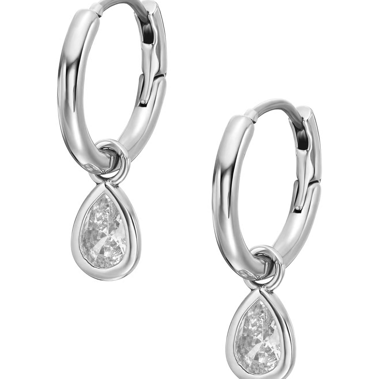 Pair of silver hoop earrings with teardrop-shaped diamond pendants on a white background