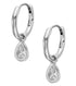 Pair of silver hoop earrings with teardrop-shaped diamond pendants on a white background