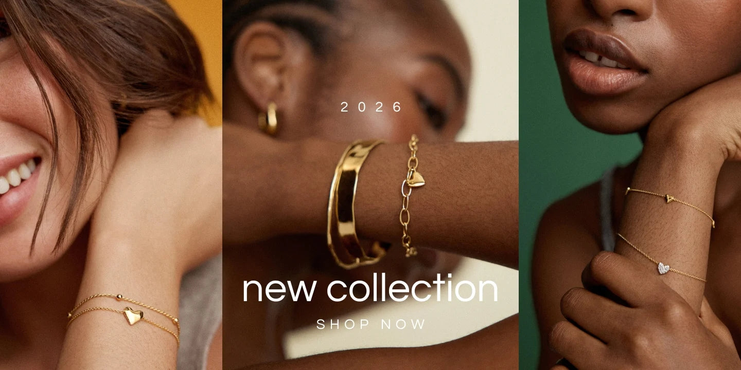 Collage of people wearing gold jewelry with 'new collection' text and 'Shop Now' call to action.