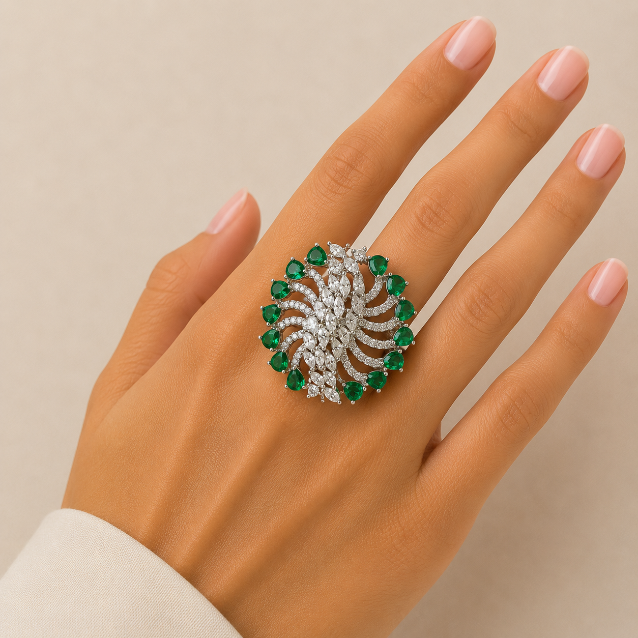 CZ Swirl Feather Cocktail Ring