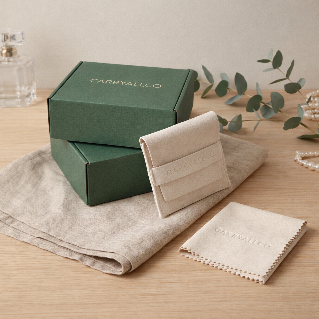 CARRYALLCO jewelry packaging on a wooden surface with a neutral background