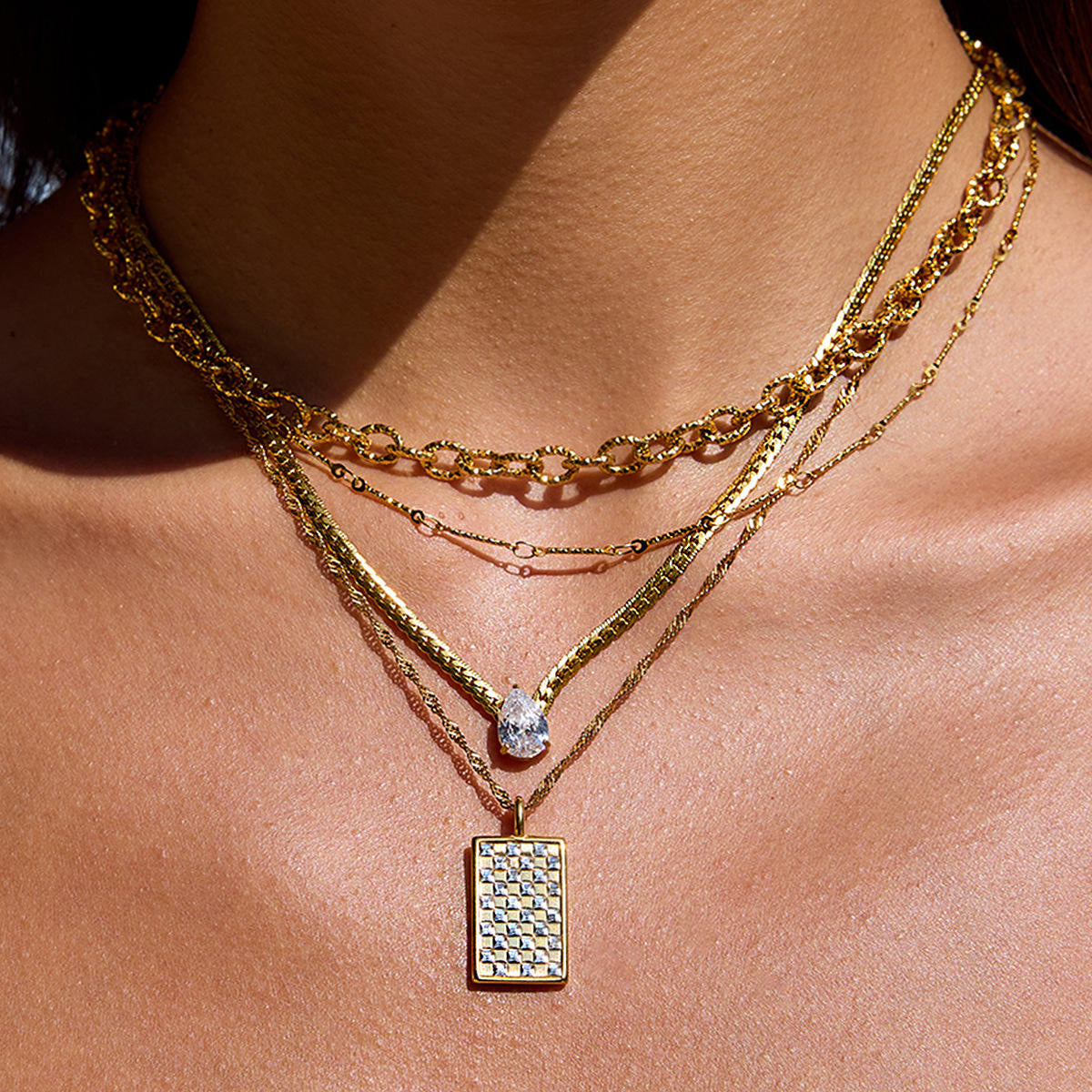 Checkered CZ Rectangle Pendant Necklace