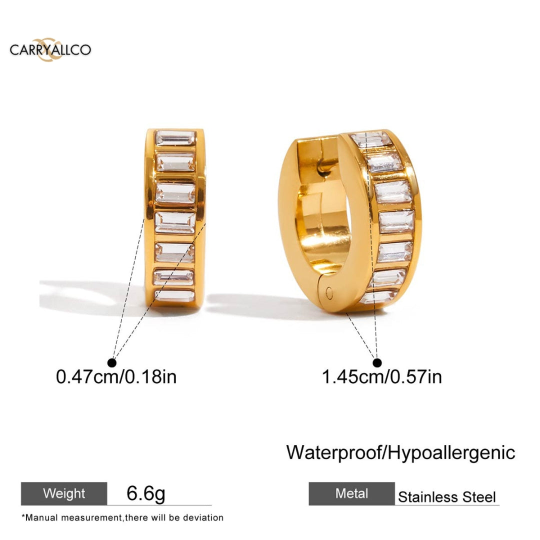 Gold hoop earrings with measurements and product details on a white background