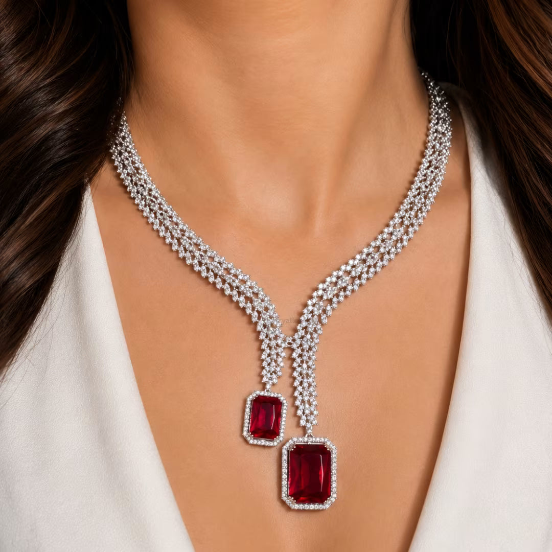 Crystal Leaf American Diamond Necklace Set – Ruby Red | CARRYALLCO