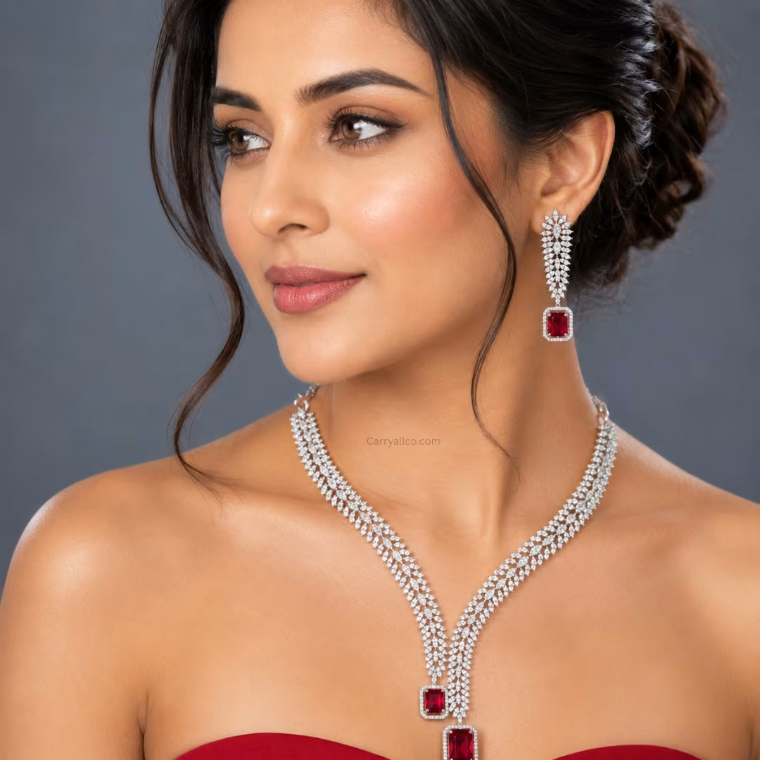 Crystal Leaf CZ Choker and Earring Set – Ruby Red | CARRYALLCO