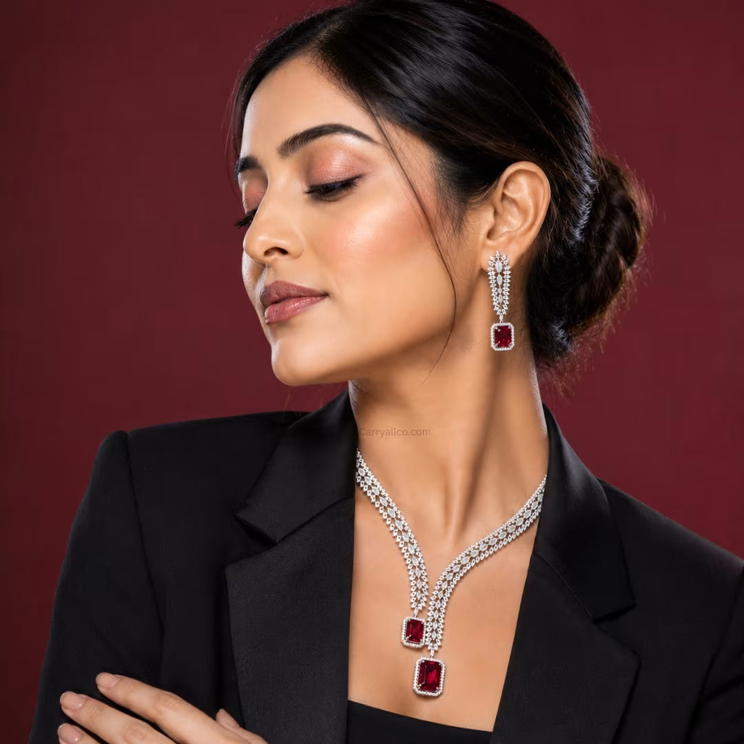 Crystal Leaf Necklace Set with Drop Earrings – Ruby Red – American Diamond | CARRYALLCO