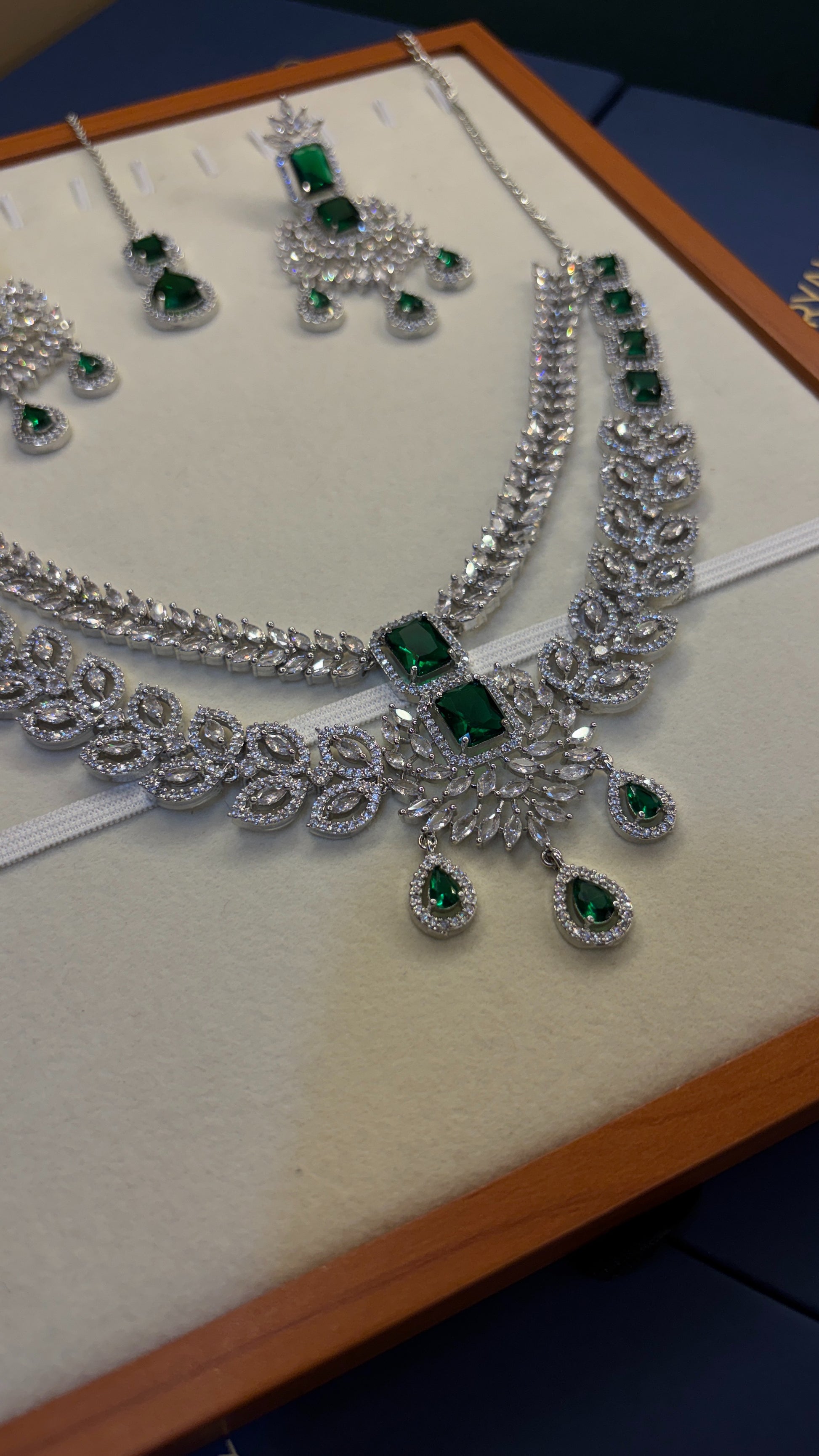 Emerald Leaf Bridal American Diamond Necklace Set