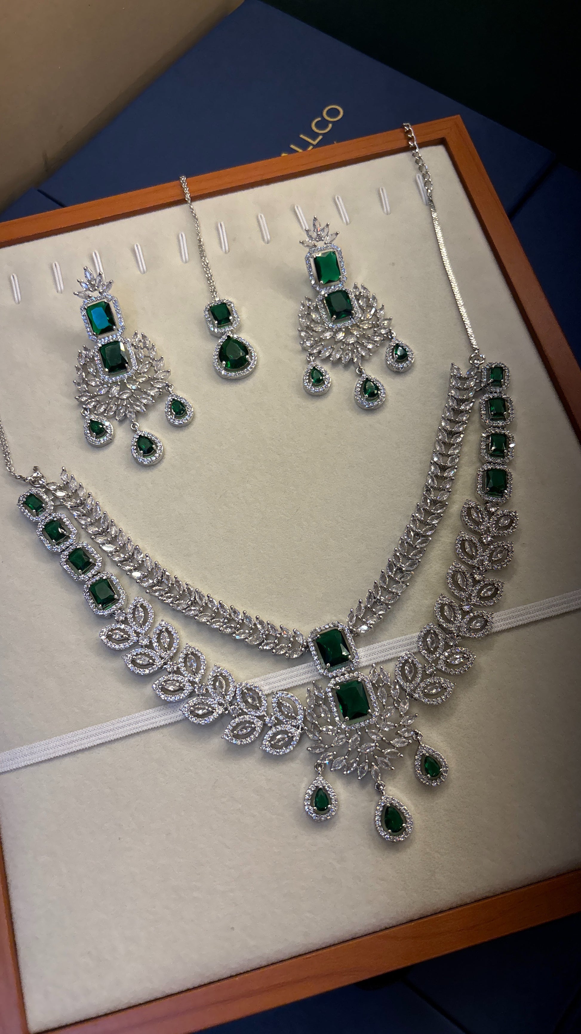 Emerald Leaf Bridal American Diamond Necklace Set