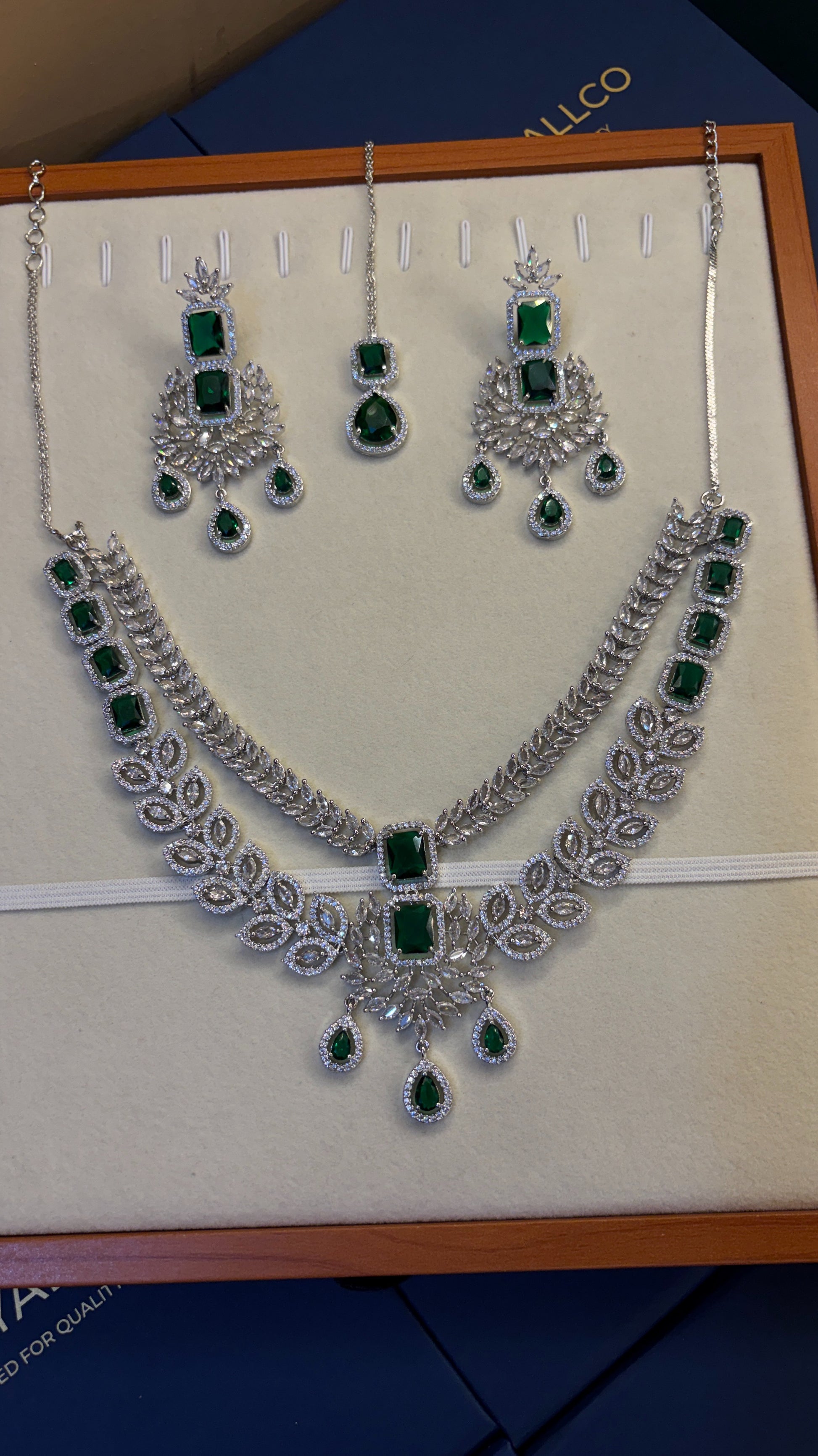 Emerald Leaf Bridal American Diamond Necklace Set