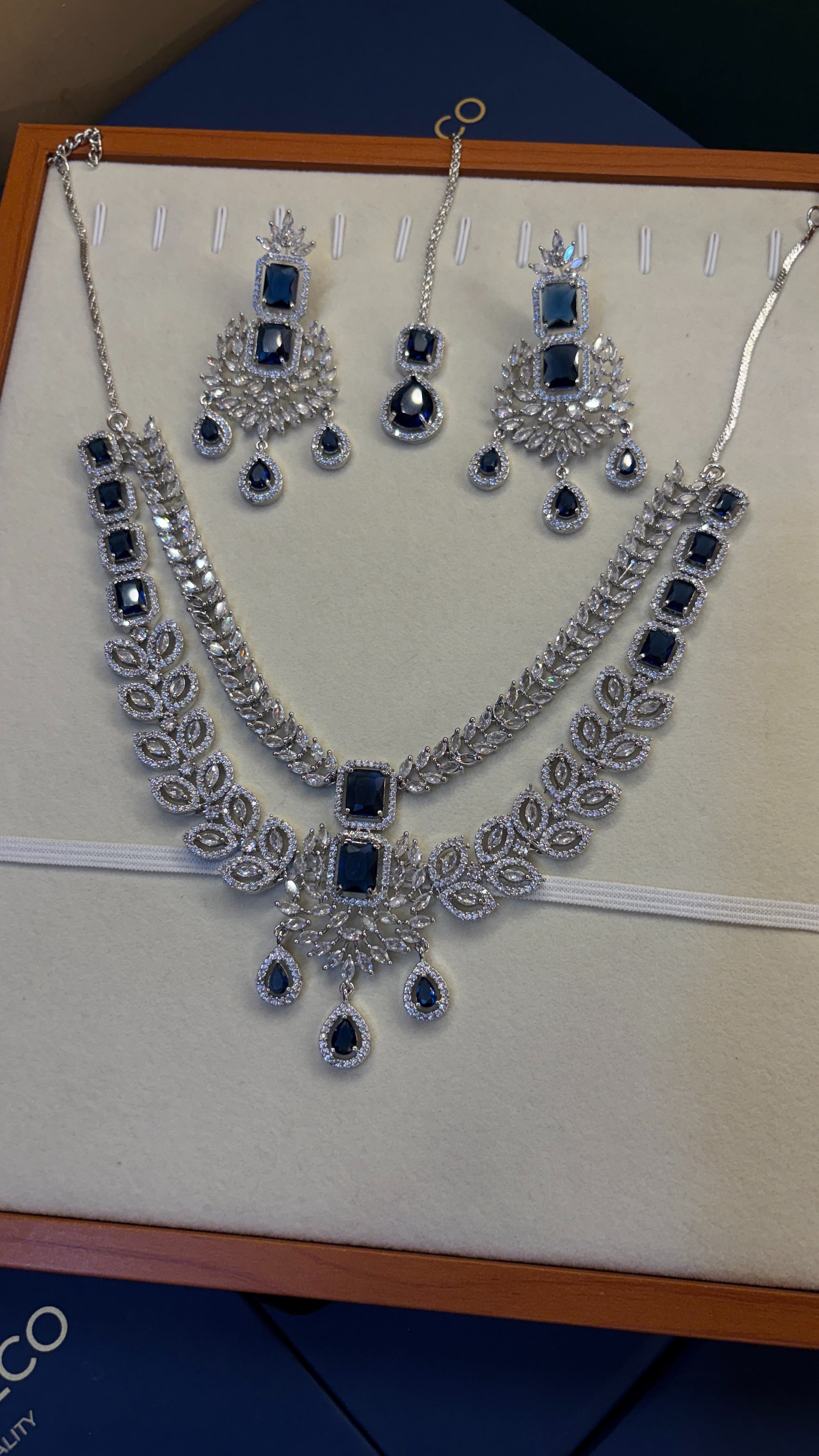 Sapphire Leaf Bridal American Diamond Necklace Set