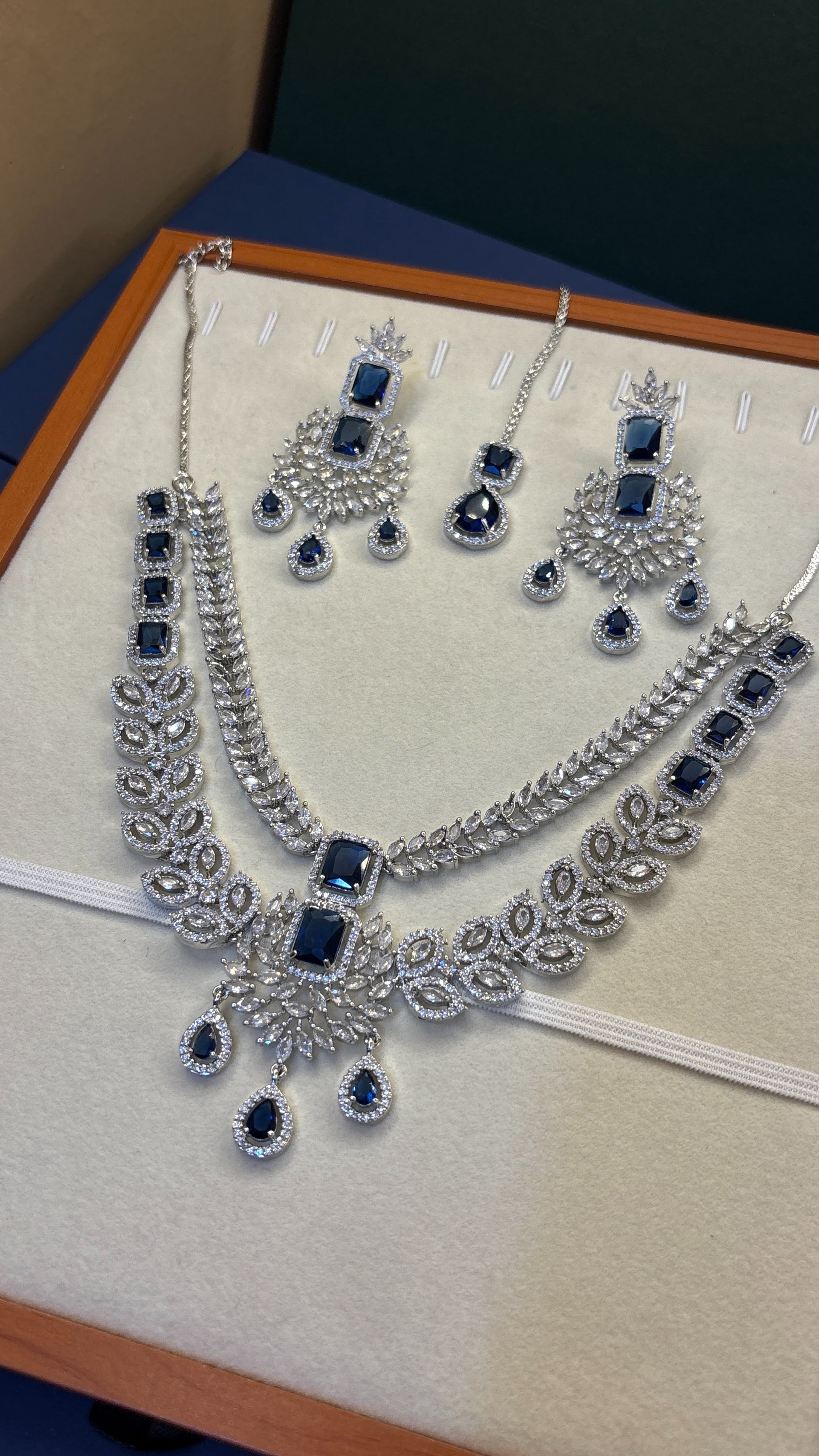 Sapphire Leaf Bridal American Diamond Necklace Set