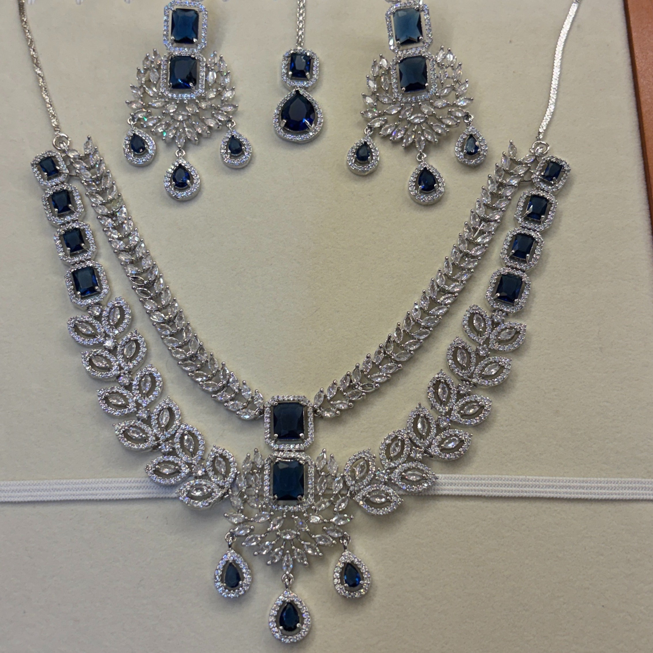 Sapphire Leaf Bridal American Diamond Necklace Set