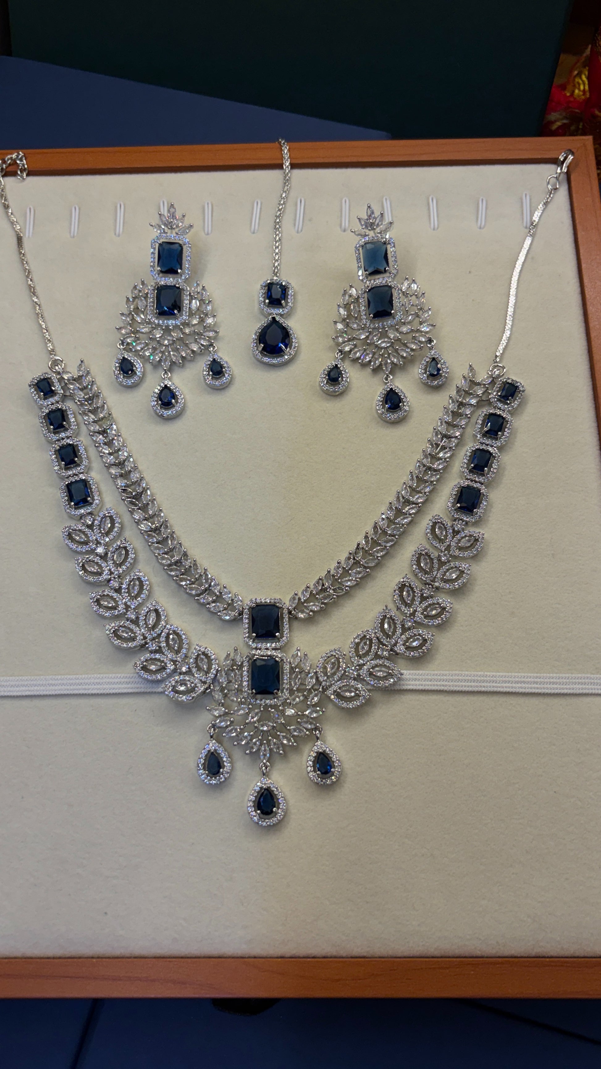 Sapphire Leaf Bridal American Diamond Necklace Set