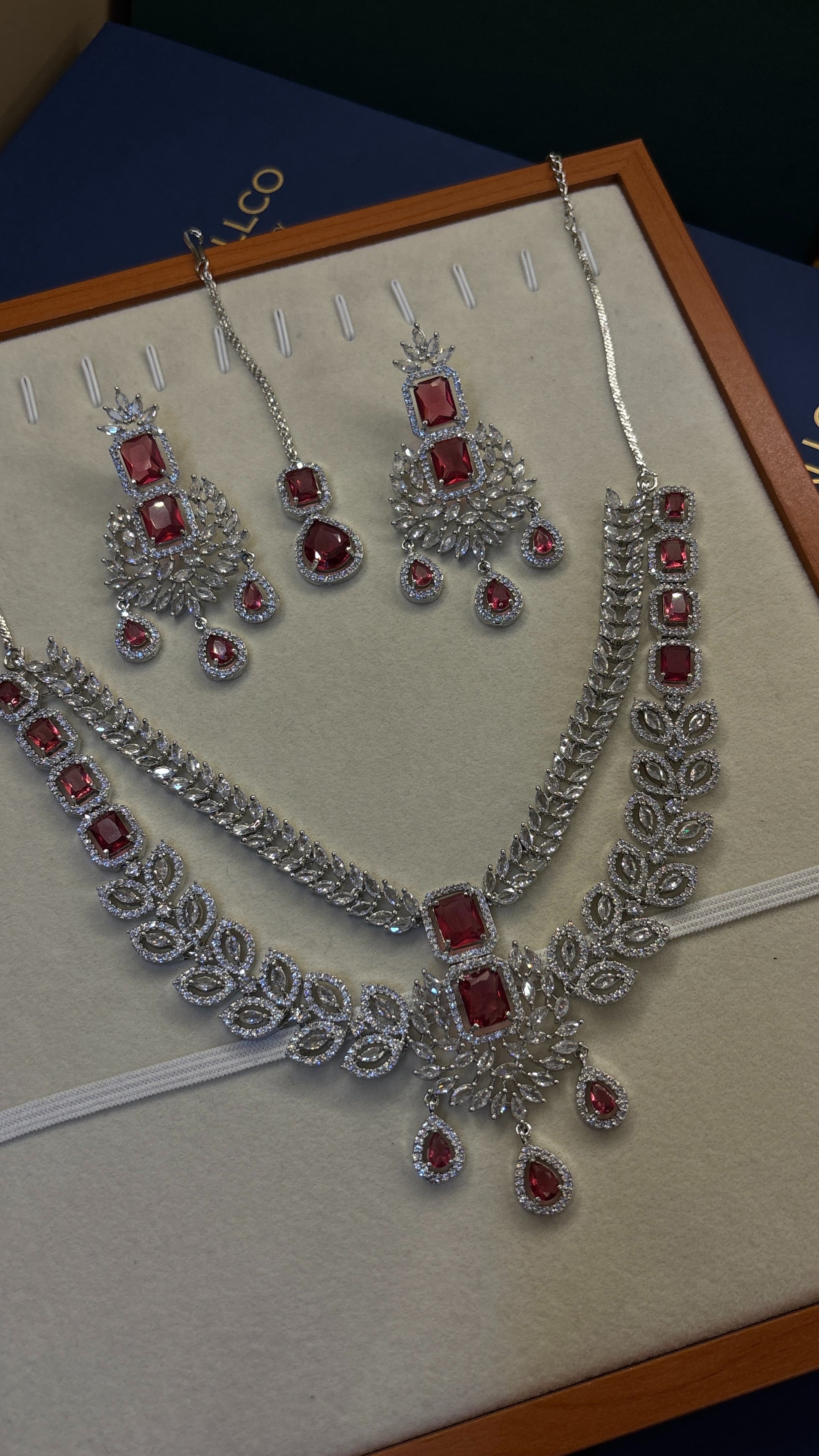 Ruby Leaf Bridal American Diamond Necklace Set