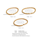 Three gold bracelets with measurements and material details on a white background