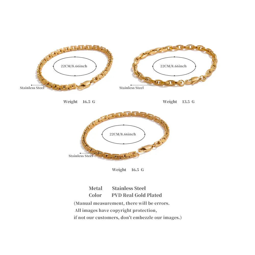 Three gold bracelets with measurements and material details on a white background