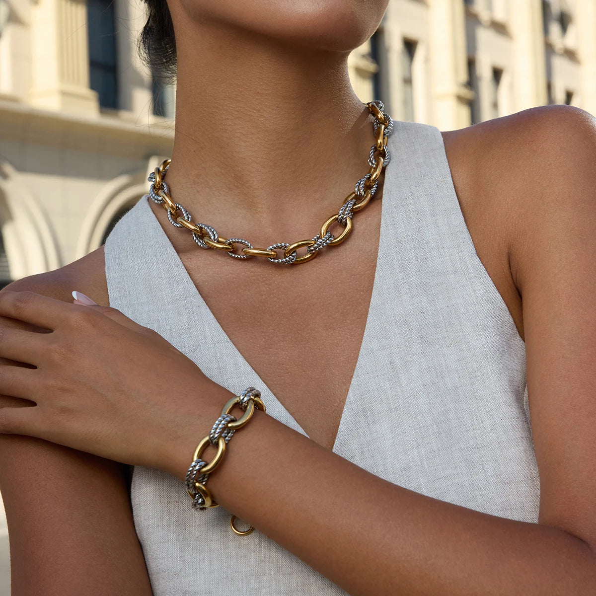 Demi-Fine Two-Tone Oval Link Chain – 18K Gold & Steel