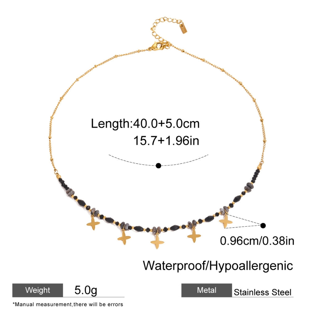 18K Gold Plated Necklace – Black Beads & Star Charms