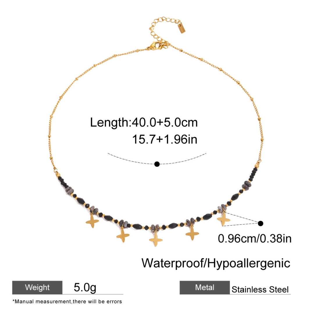 18K Gold Plated Necklace – Black Beads & Star Charms