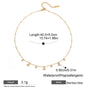 Gold necklace with measurements and material details on a white background