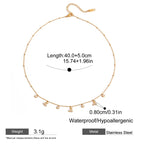 Gold necklace with measurements and material details on a white background