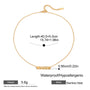 Gold necklace with measurements and material details on a white background