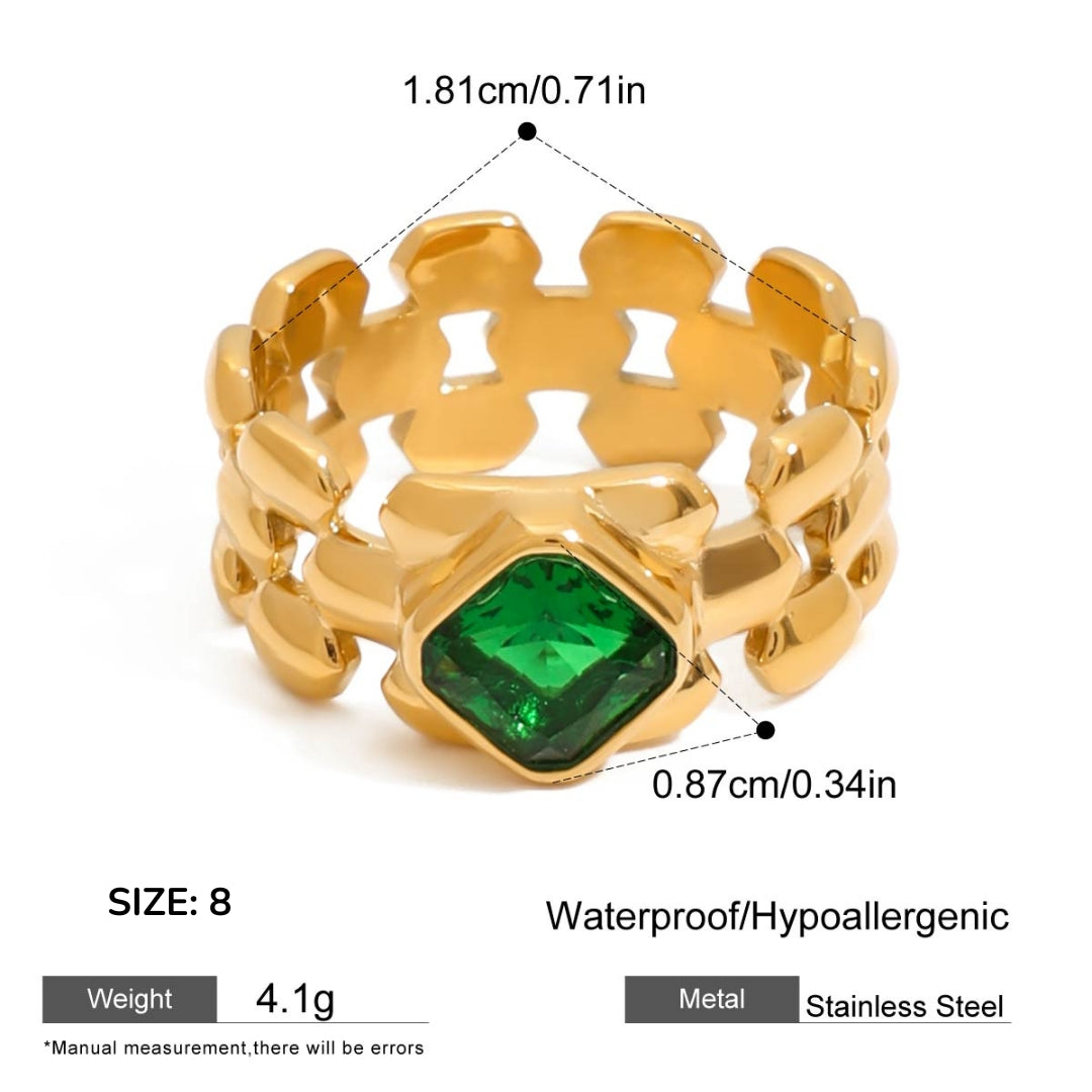 Gold ring with a green gemstone, showing measurements and material details on a white background.