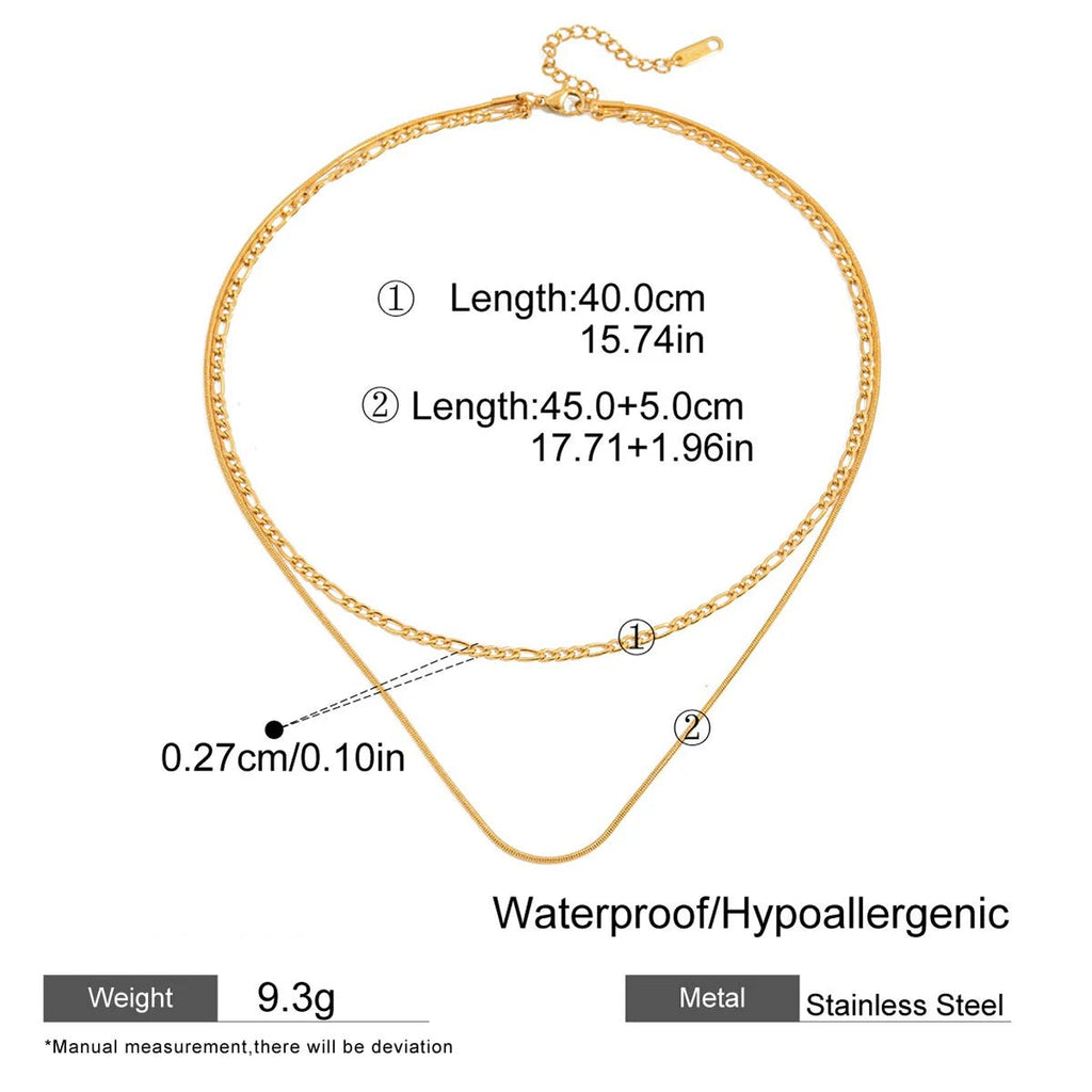 Gold necklace with measurement details on a white background